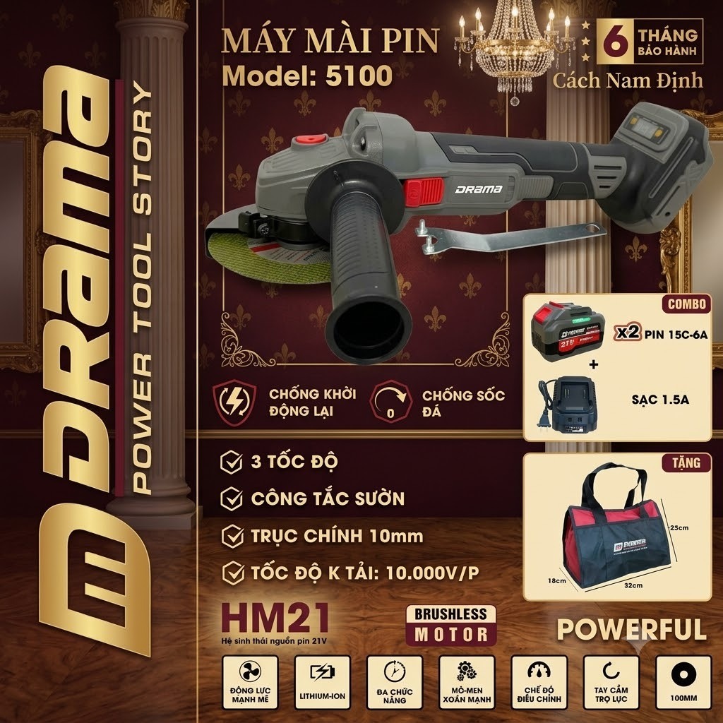 Máy mài pin DRAMA 5100 Không Chổi Than Chống sốc đá Chống khới động lại Công tắc sườn