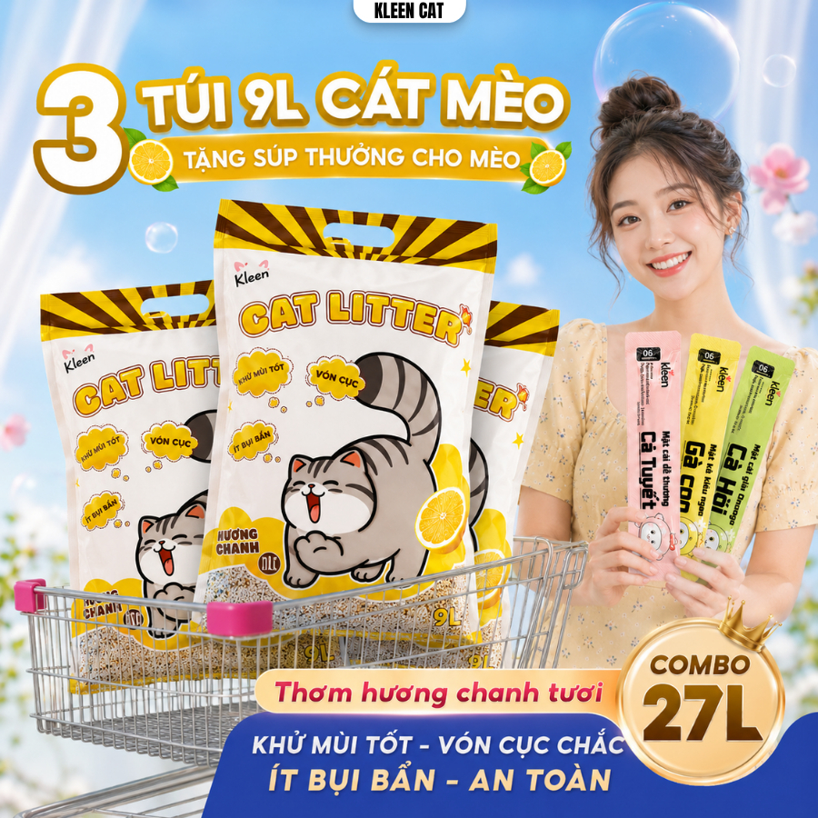 Combo 3 túi Cát Mèo Kleen, Cát Vệ Sinh Mèo Kleen Siêu Vón Cục 9L