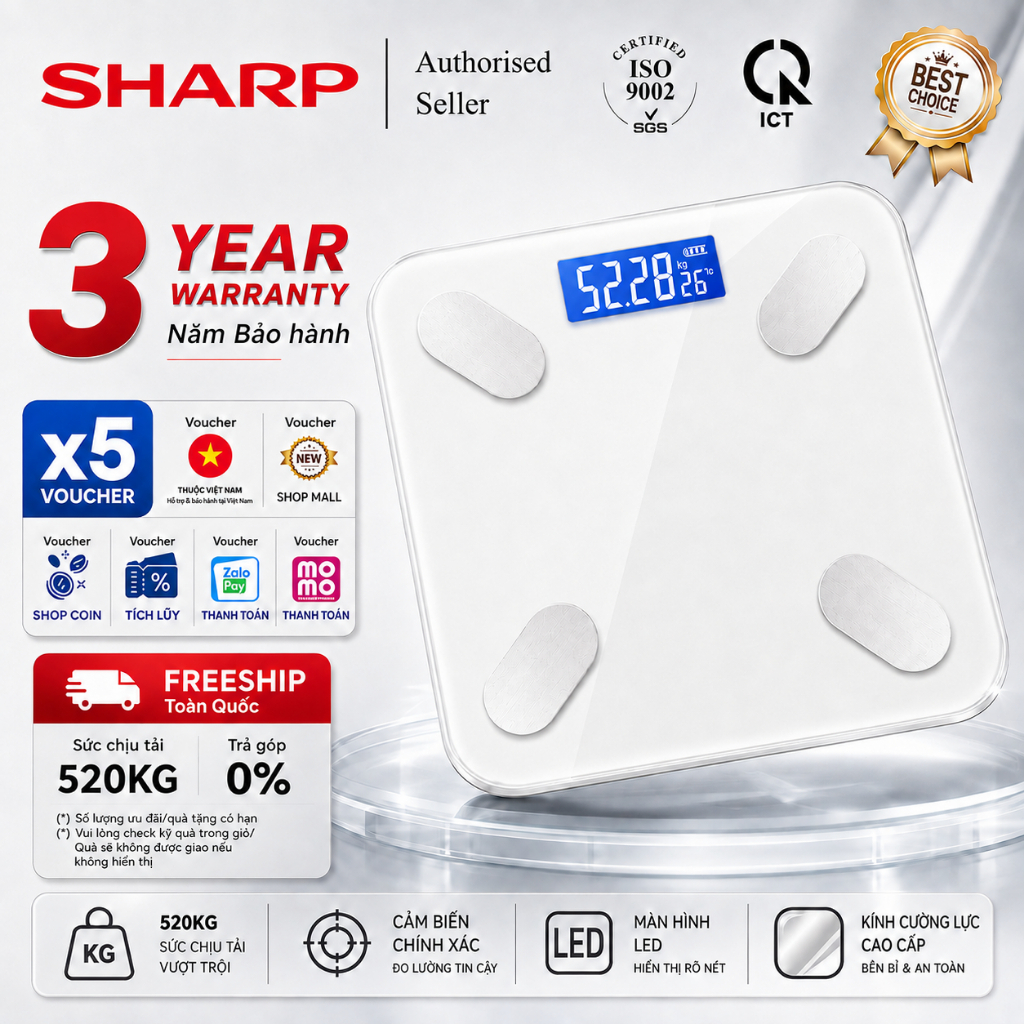 [Bảo hành 3 năm] Cân điện tử/màn hình màu TFT/có App kết nối Bluetooth/đo và phân tích 18 chỉ số cơ 