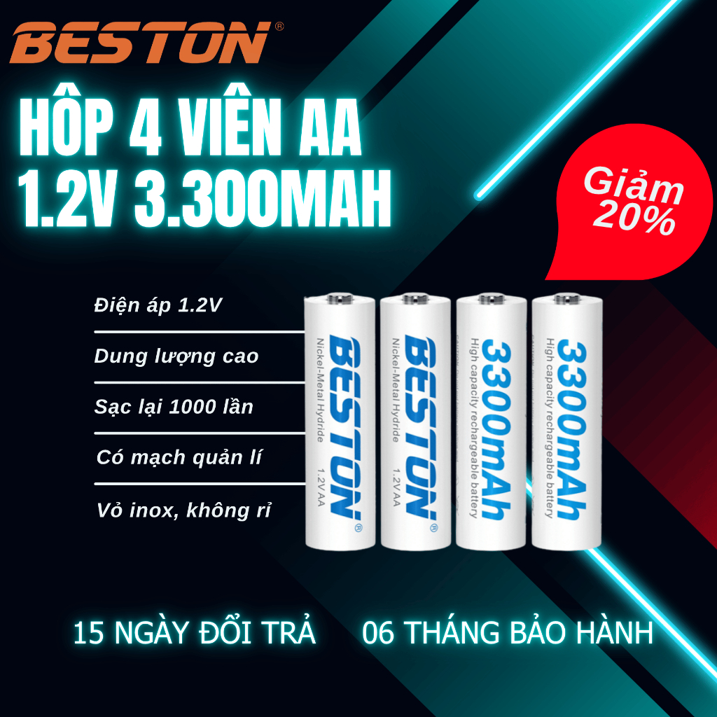 Bộ 4 viên pin sạc Beston AA 1.2V Ni-Mh dung lượng 1200mAh, 2000mAh, 3000mAh…