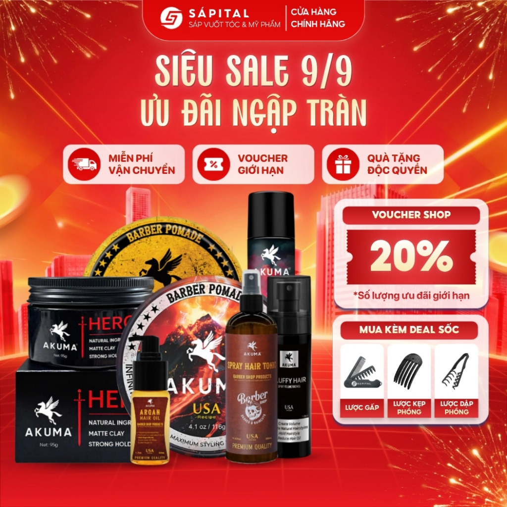 FULL LINE AKUMA - Sáp Infinity Clay, Sáp Gôm Hero, Xịt bồng bềnh Fluffy, Dưỡng argan, Máy sấy X7