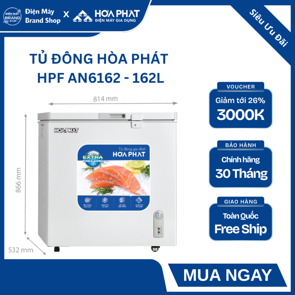 TỦ ĐÔNG HÒA PHÁT 162 LÍT HPF AN6162 (MÀU TRẮNG) - DÀN NHÔM CẤP ĐÔNG SÂU -30°C, TIẾT KIỆM ĐIỆN