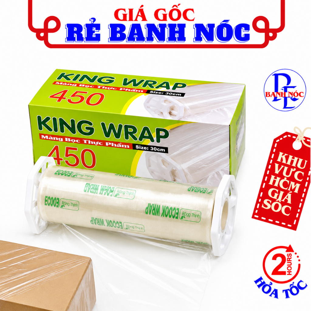 Cuộn Màng Bọc PE Đa Năng KING WRAP 450 Khổ 30cm Kèm Hộp Cắt Tiện Lợi - Màng PE Quấn Đồ Chống Bụi