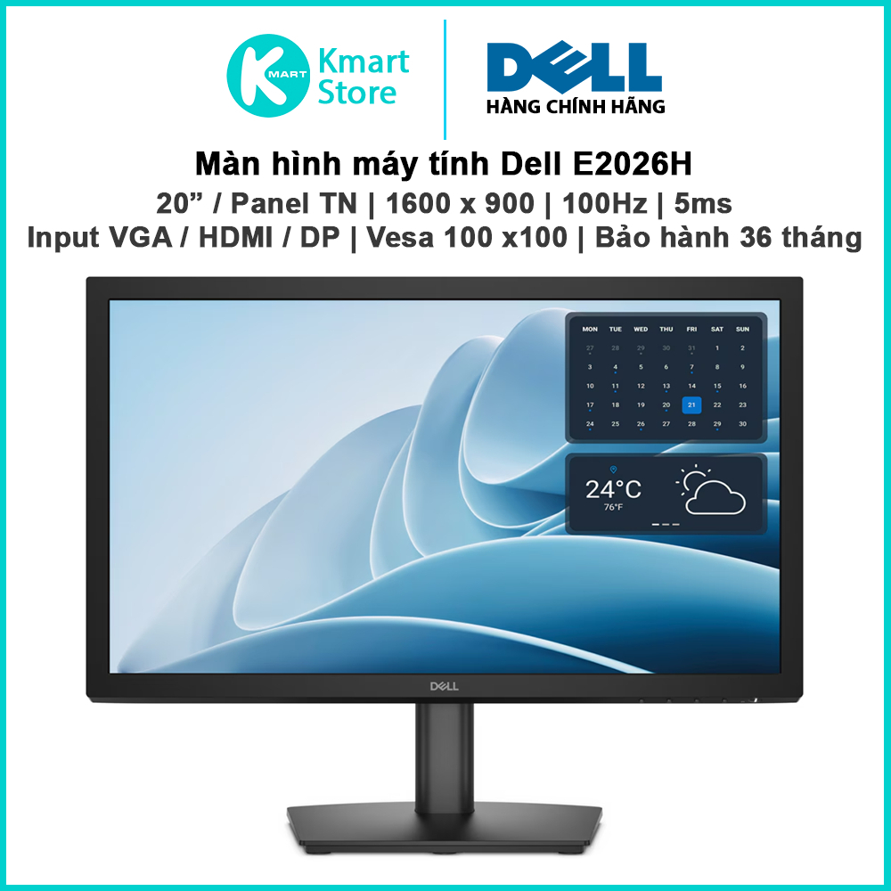 Màn hình Dell E2026H | 20" TN / 1600 x 900 / 100Hz / 5ms | VGA + HDMI + DP | Bảo hành 3 năm