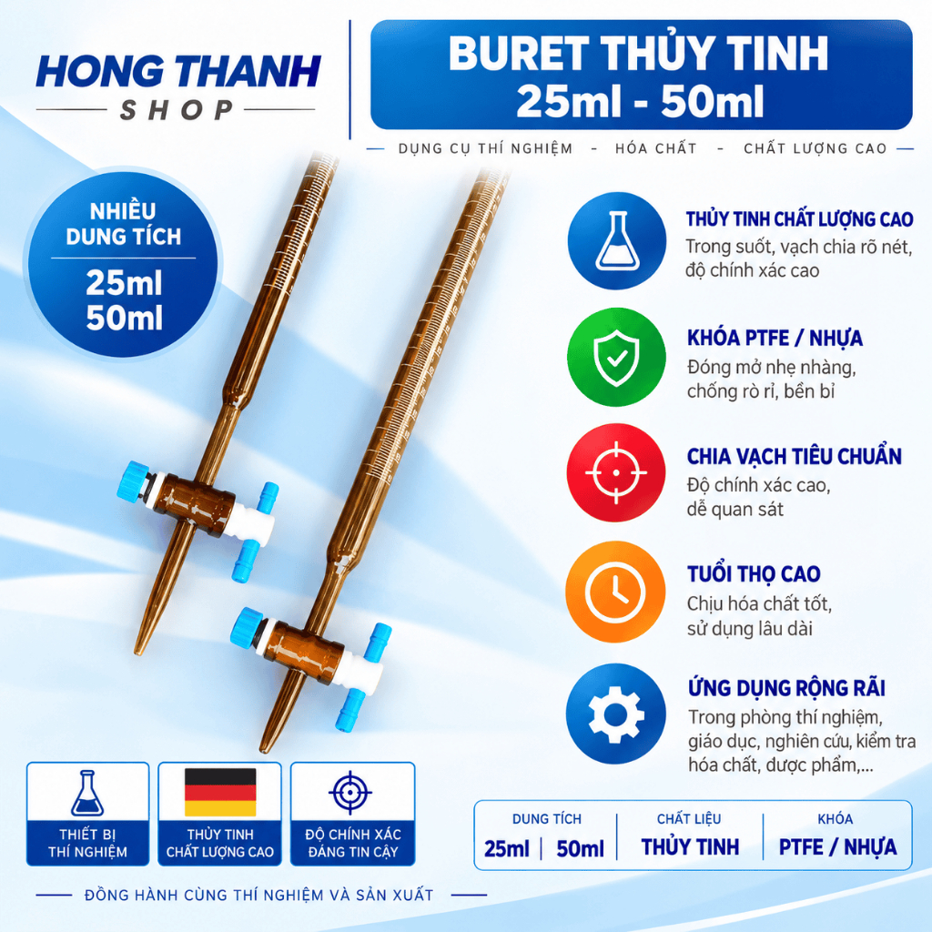 BURET THỦY TINH TRẮNG- NÂU khóa PTFE/Nhựa, buret 25ml, 50ml - DỤNG CỤ THÍ NGHIỆM, HÓA CHẤT