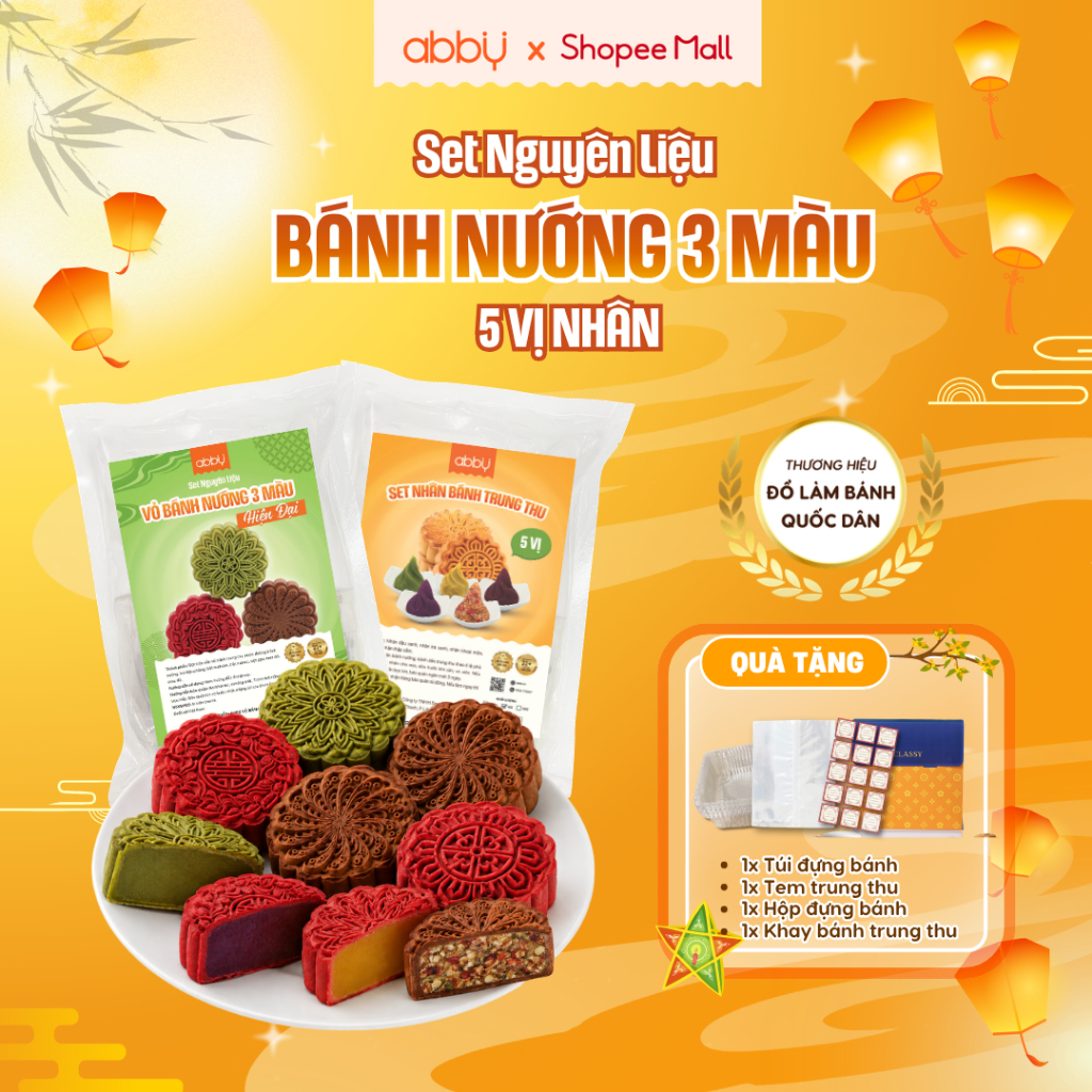 [ABBY] Set nguyên liệu làm bánh nướng trung thu vỏ truyền thống,vỏ 3 màu - Mix 5 vị nhân-Thành phẩm 