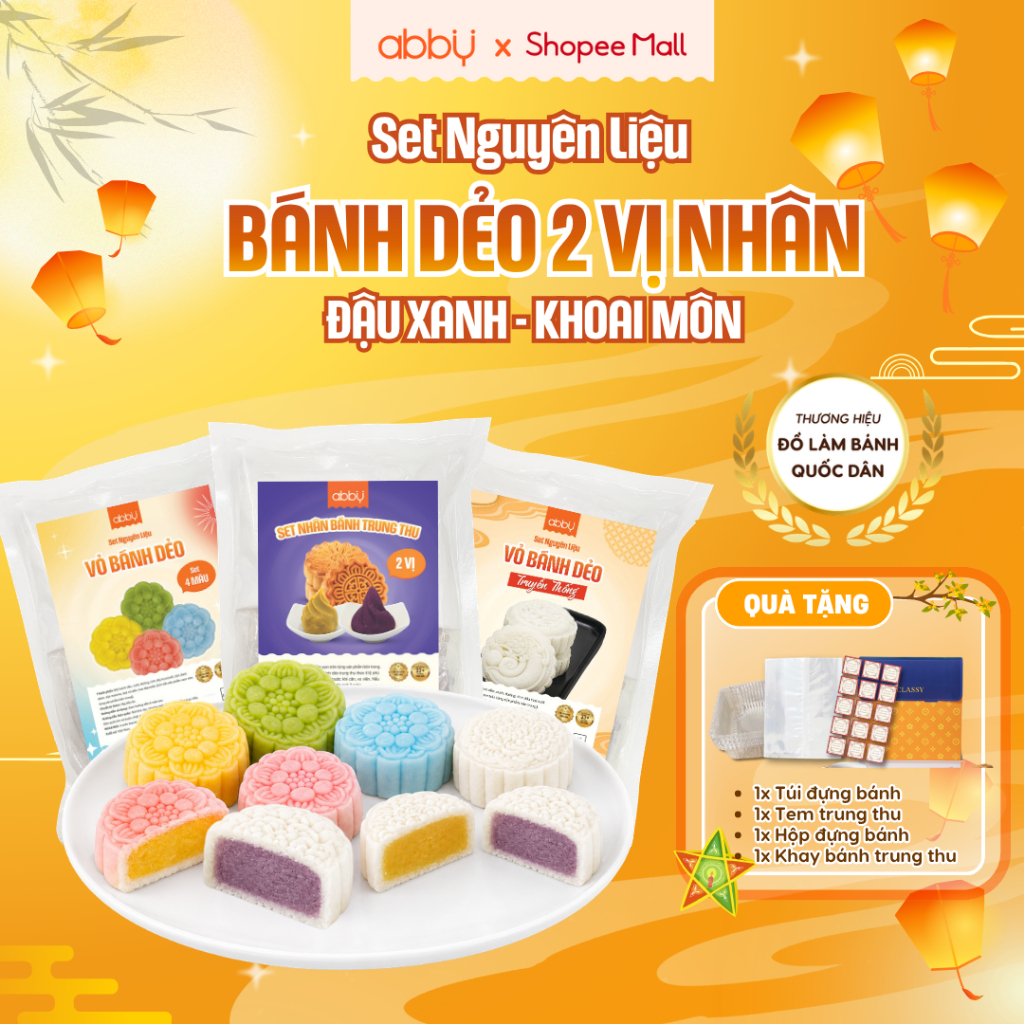 [ABBY] Set nguyên liệu làm bánh dẻo trung thu vỏ truyền thống, vỏ 4 màu, 2 vị nhân - Thành phẩm 8 bá