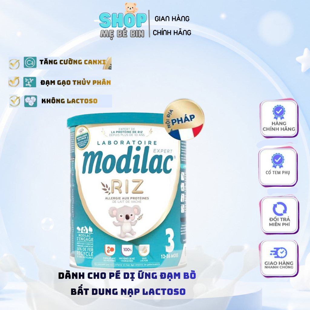 [Date xa]Sữa Bột Modilac Riz, Hộp 800g cho Trẻ dị ứng đạm sữa bò,bất dung lạp Lactose NK chính hãng