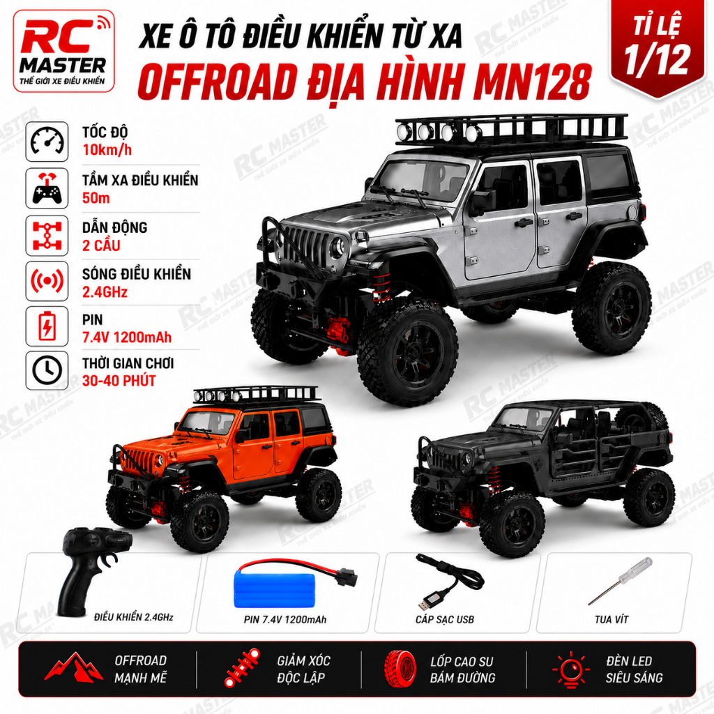 Xe Ô Tô Điều Khiển Từ Xa Địa Hình MN128 Tỉ Lệ 1:12 Jeep Wrangler Crawler 4WD - Xe RC Offroad Leo Trè