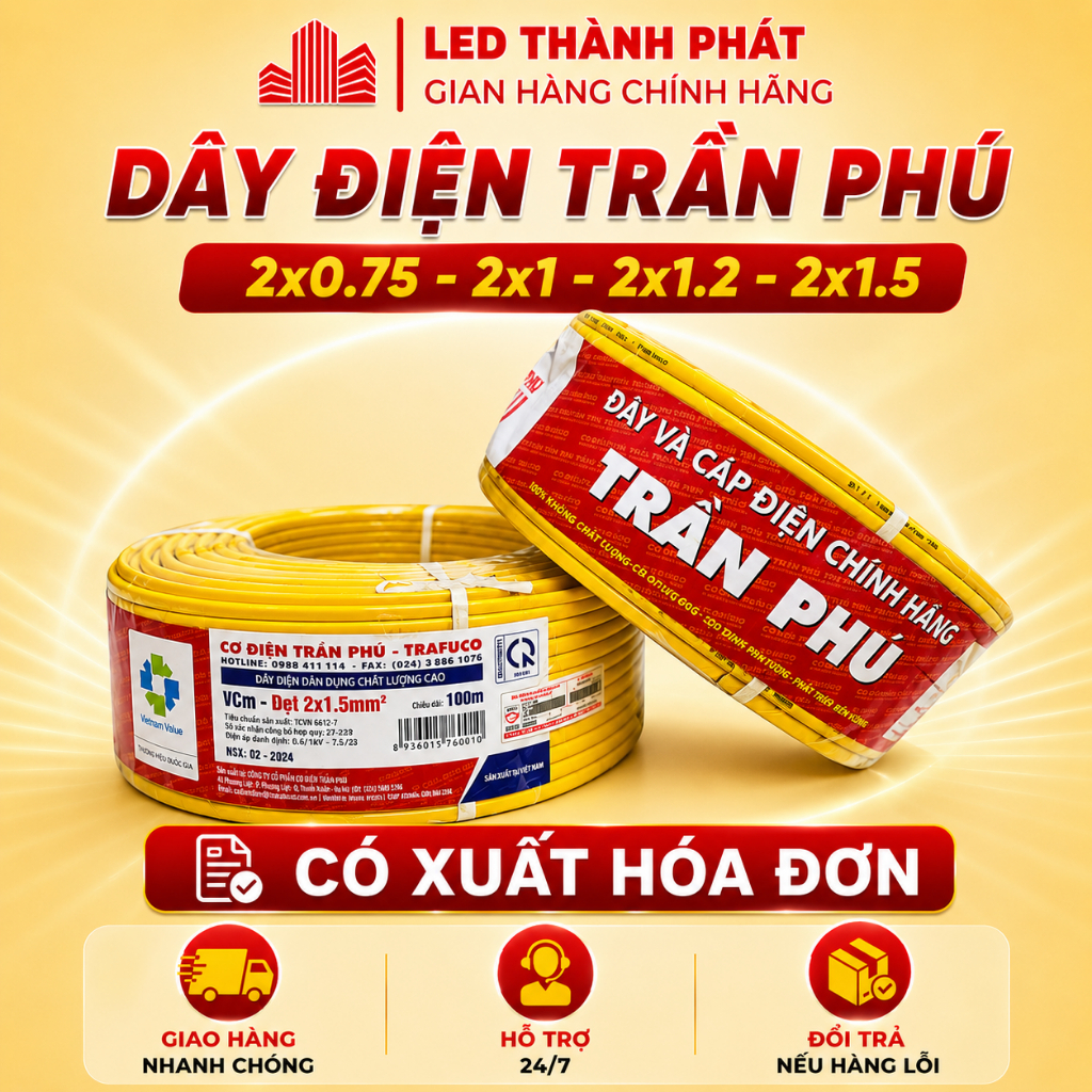 Dây điện TRẦN PHÚ 2x0.75, 2x1, 2x1.5 lõi đồng