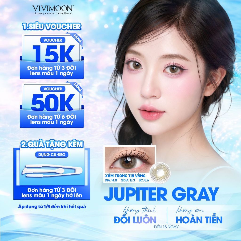 Lens VIVIMOON, Lens cận 1 ngày 14.0 giãn tròng nhẹ màu xám JUPITER GRAY, Kính áp tròng có độ cận từ 