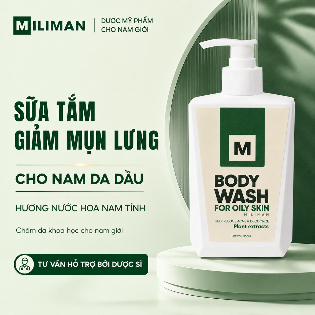 Sữa Tắm Giảm Mụn Lưng Cho Nam Da Dầu MILIMAN 300ML - Chuyên Biệt Cho Nam Da Dầu
