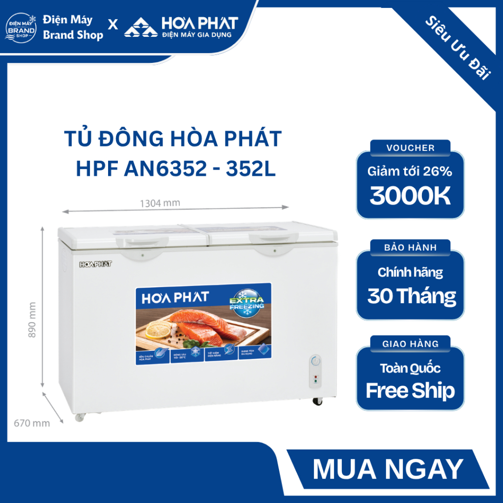 TỦ ĐÔNG HÒA PHÁT 352 LÍT HPF AN6352 (1 NGĂN 2 CÁNH) - DÀN LẠNH NHÔM, ĐÔNG SÂU TỚI -30°C, TIẾT KIỆM Đ