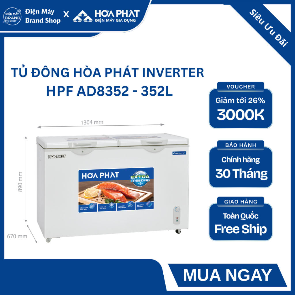 TỦ ĐÔNG HÒA PHÁT 352 LÍT HPF AD6352 (1 NGĂN 2 CÁNH) - DÀN LẠNH ĐỒNG SiÊU BỀN, ĐÔNG SÂU TỚI -30°C, TI