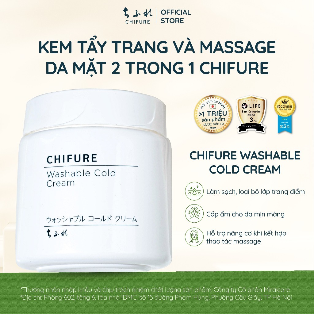 Tẩy trang, Kem tẩy trang Chifure Washable Cold Cream 300G không cần nhũ hóa 2 in 1, tẩy trang, cấp ẩm