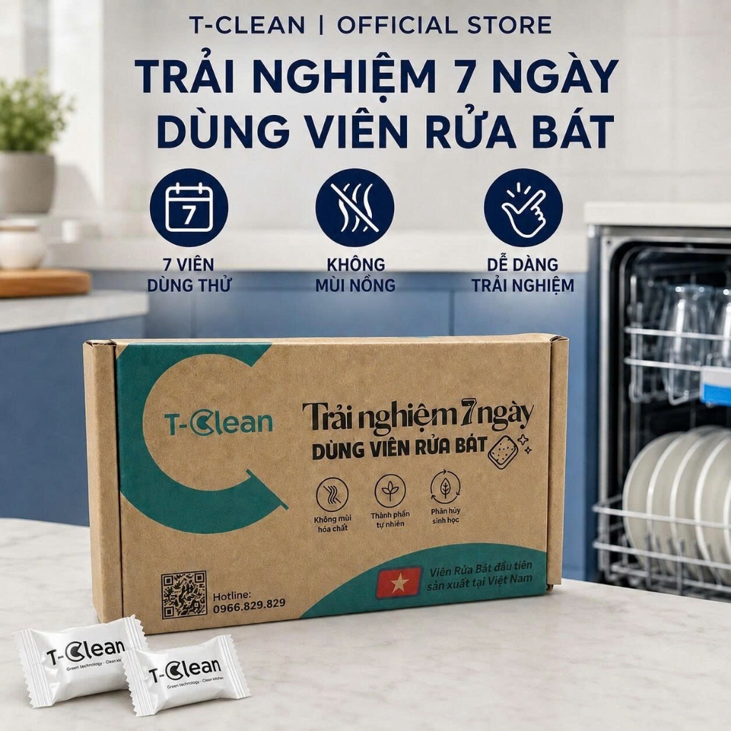 Combo dùng thử 7 viên rửa bát T-Clean Eco 3 Effects nano Bạc kháng khuẩn, khử mùi