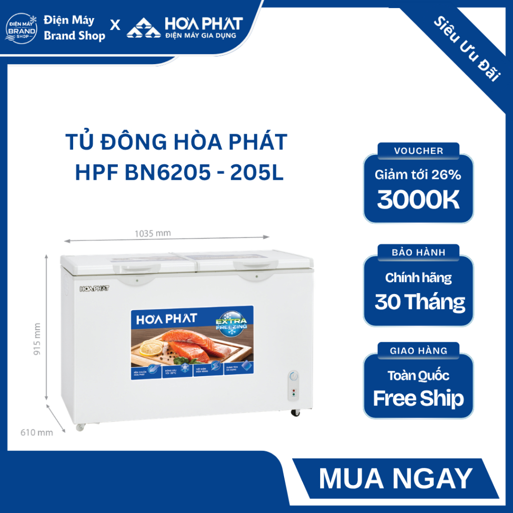 TỦ ĐÔNG MÁT HÒA PHÁT 205 LÍT HPF BN6205 (2 NGĂN 2 CÁNH) - DÀN LẠNH NHÔM, ĐÔNG SÂU TỚI -30°C, TIẾT KI