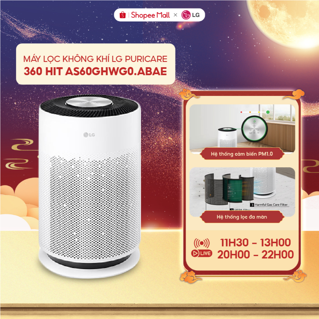[KOLs Live] Máy lọc không khí LG PuriCare 360 HIT AS60GHWG0 cảm biến lọc bụi mịn, Bảo Hành Chính Hãn