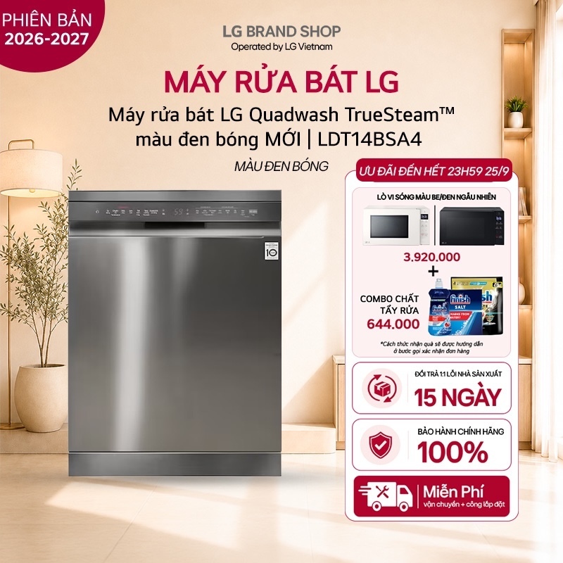 [Chỉ giao miền Nam/Bắc] Máy rửa bát LG Quadwash TrueSteam™ màu đen bóng MỚI | LDT14BSA4