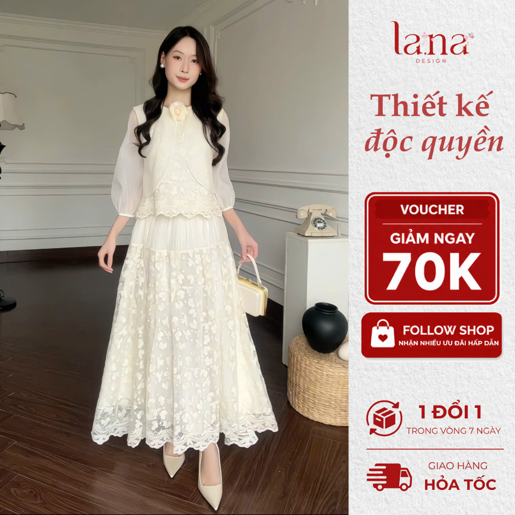LA.NA DESIGN Set váy NORA  thiết kế màu kem chất tơ phối ren mềm mịn phong cách thanh lịch tinh tế -