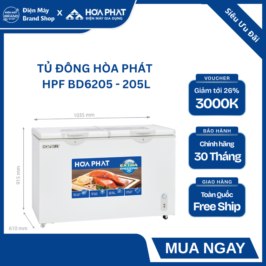 TỦ ĐÔNG MÁT HÒA PHÁT 205 LÍT HPF BD6205 (2 NGĂN 2 CÁNH) - DÀN LẠNH ĐỒNG BỀN BỈ, ĐÔNG SÂU TỚI -30°C, 