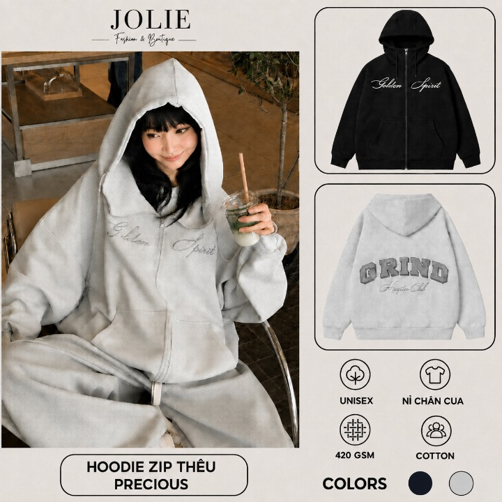Áo Khoác Hoodie Zip GRIND Nỉ Chân Cua Cổ Cao Thêu Dạ Nổi Bật Chất Nỉ Mềm Mịn