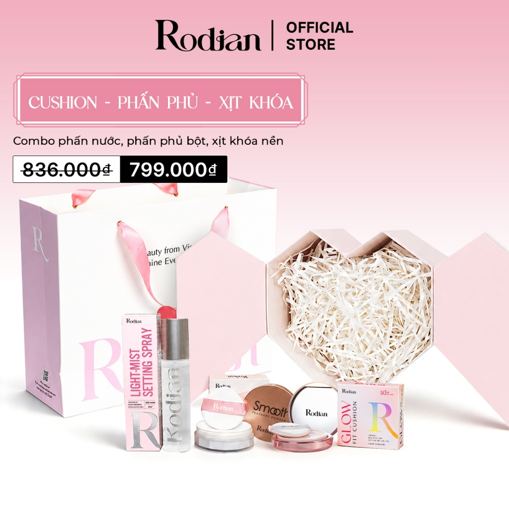 [Set Quà Tặng Rodian] Combo Phấn Phủ Kiềm Dầu, Cushion Chống Nắng Lâu Trôi, Xịt Khóa Nền Trang Điểm