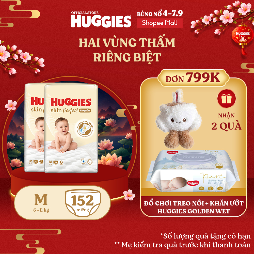 Combo 2 Tã quần Huggies Skin Perfect Super Jumbo M70+2/ L60+2/ XL52+6/ XXL48+6 miếng với 2 vùng thấm