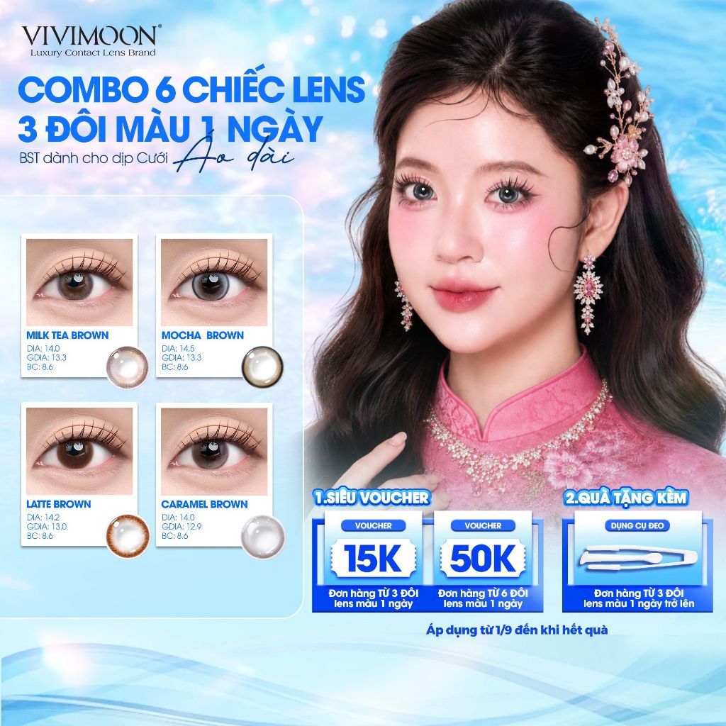 (COMBO 6 CHIẾC) VIVIMOON Lens, Lens cận 1 ngày cho dịp Cưới, Milk - Tea Brown/ Latte Brown/ Caramel/