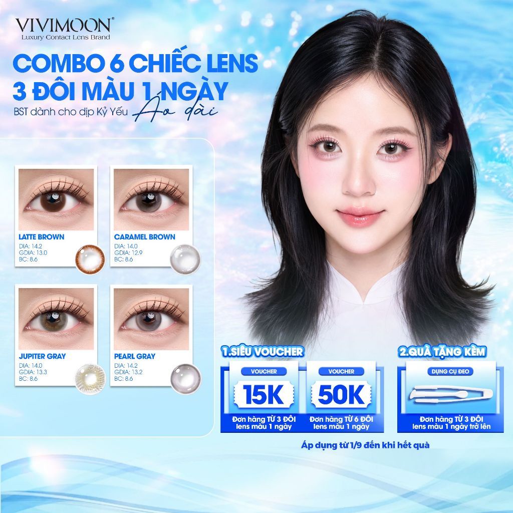 (COMBO 6 CHIẾC) VIVIMOON Lens, Lens cận 1 ngày dịp kỷ yếu, Latte Brown/ Caramel/ Jupiter Gray/ Pearl