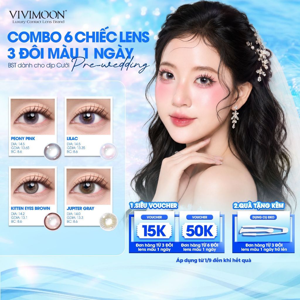 (COMBO 6 CHIẾC) VIVIMOON Lens, Lens cận 1 ngày cho dịp Cưới, Peony Pink/ Kitten Eye Brown/ Lilac/ Ju