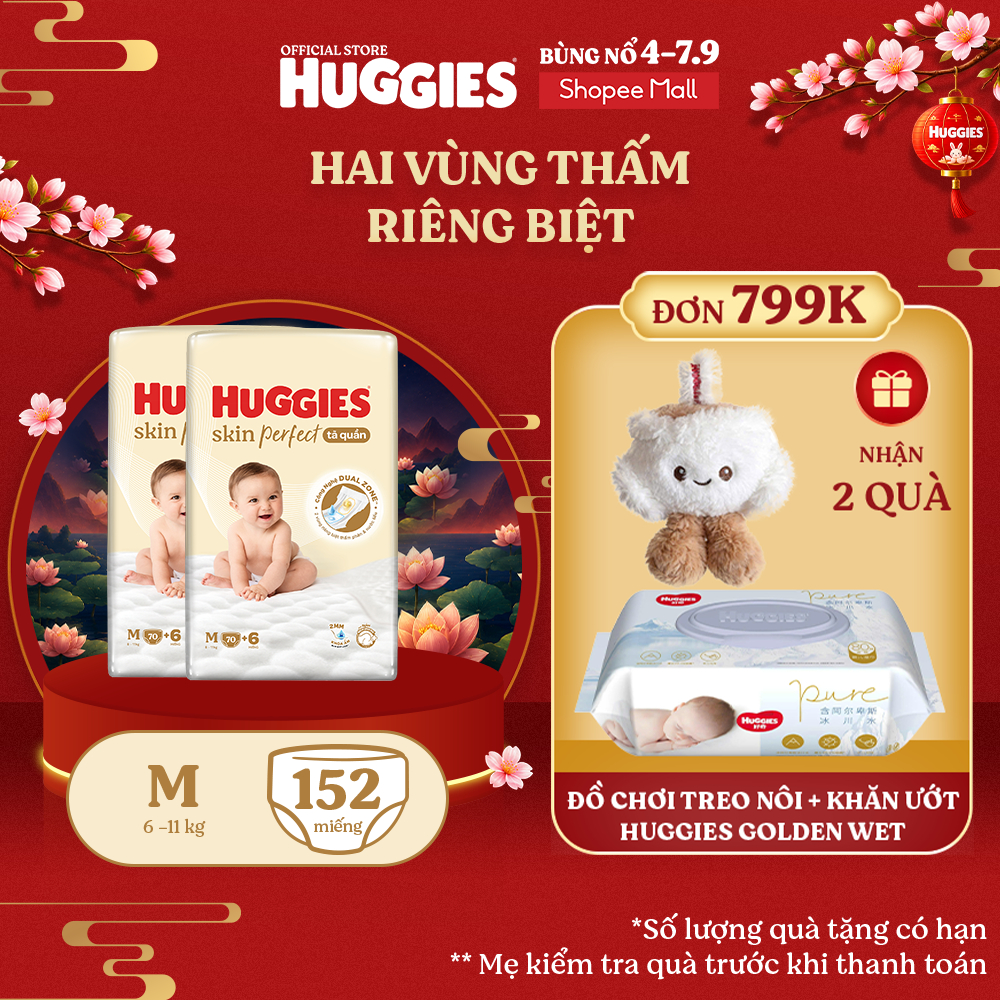 [KOL Live] Combo 2 Tã quần Huggies Skin Perfect Super Jumbo M70+6/L60+6/XL52+6/XXL48+6 với 2 vùng th