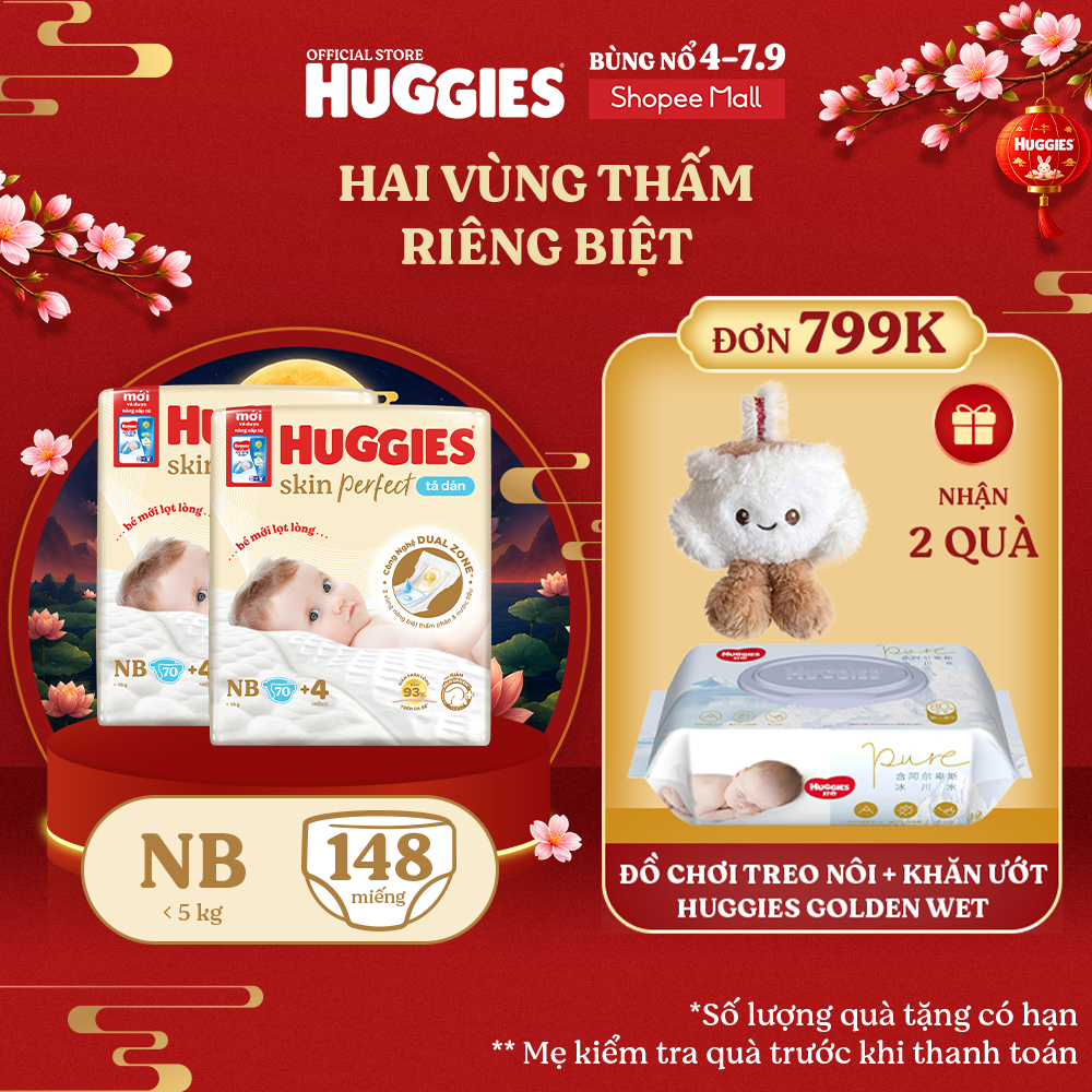 [KOL Live] Combo 2 Tã/bỉm dán sơ sinh Huggies Skin Perfect NB 70+6 miếng với 2 vùng thấm giảm kích ứ