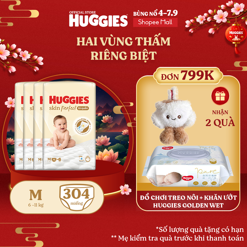 [KOL LIVE] Combo 4 Tã quần Huggies Skin Perfect Super Jumbo M70+6/ L60+6/ XL52+6/XXL48+6với 2 vùng t
