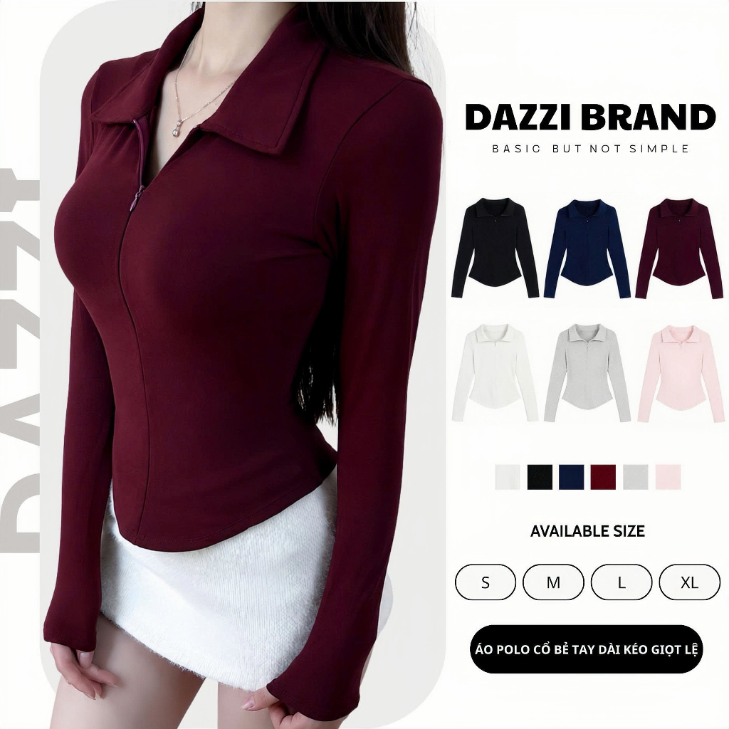 Áo thun nữ cổ bẻ tay dài phối dây kéo ôm dáng vạt bầu vải cotton mịn DAZZI Polo Women TD022