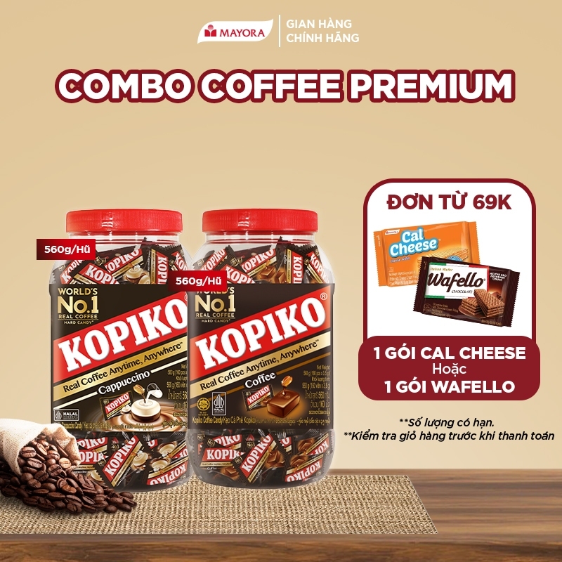 Combo Coffee Premium: 1 Hũ Kẹo Kopiko Cà Phê Sữa 560G + 1 Hũ Kẹo Kopiko Cà Phê Đen 560G