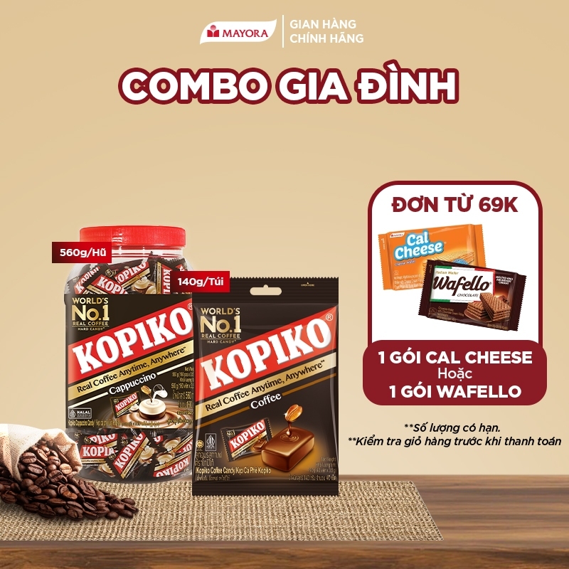 Combo Gia Đình: 1 Hũ Kẹo Kopiko Cà Phê Sữa (Cappuccino) 560G + 1 Kẹo Kopiko Cà Phê Đen (Coffee) 140G