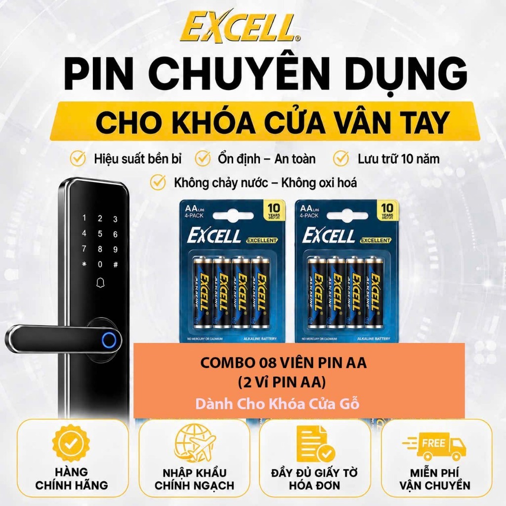 COMBO 8 Viên Pin LR6  AA 1.5V Excell ALKLINE Dùng Cho Khóa Vân Tay Cửa Gỗ, Cửa Sắt