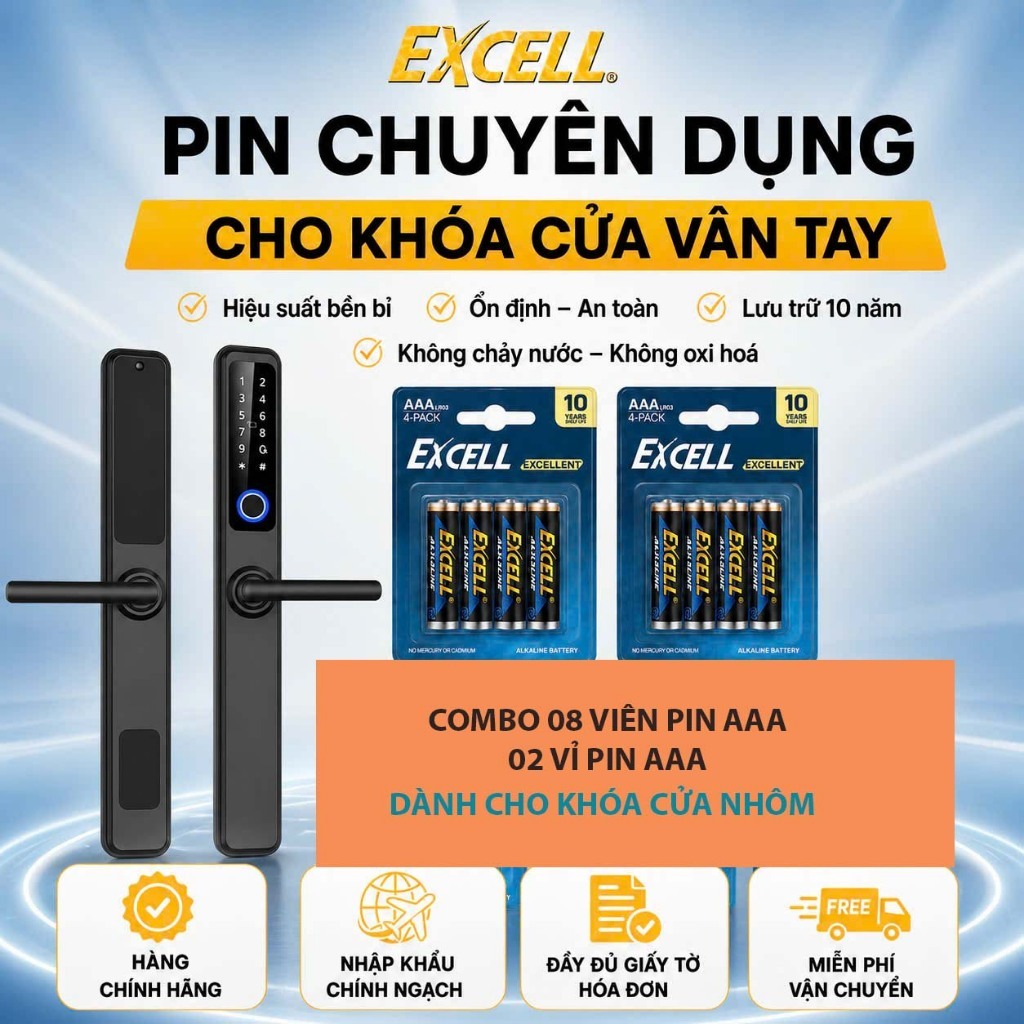 COMBO 8 Viên Pin Excell LR03 AAA 1,5V Dành cho khóa Vân Tay Cửa Nhôm
