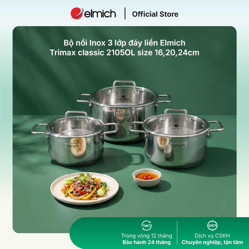 [LIFEMCMBP4 -12% đơn 250K] Bộ nồi Inox 3 lớp đáy liền Elmich Trimax classic 2105OL size 16,20,24cm