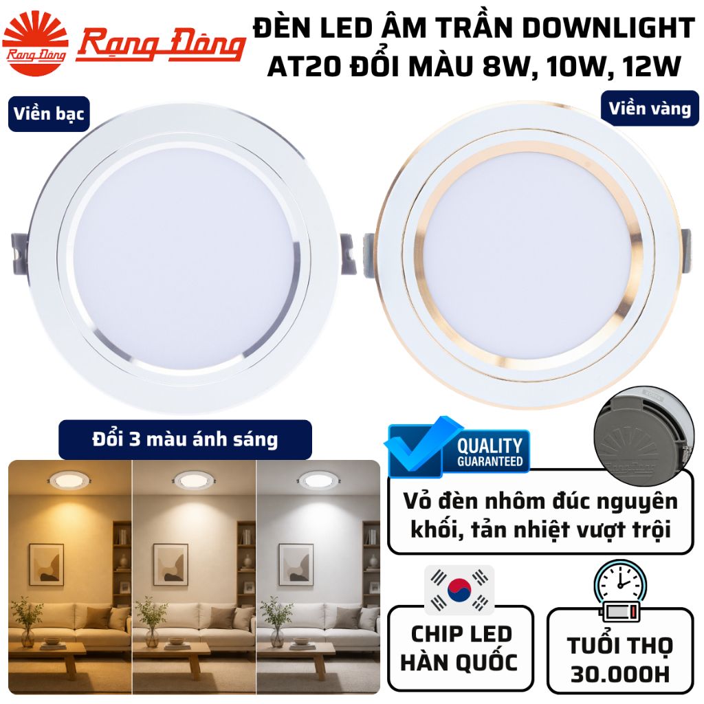 Đèn LED âm trần downlight đổi màu AT20 Rạng Đông