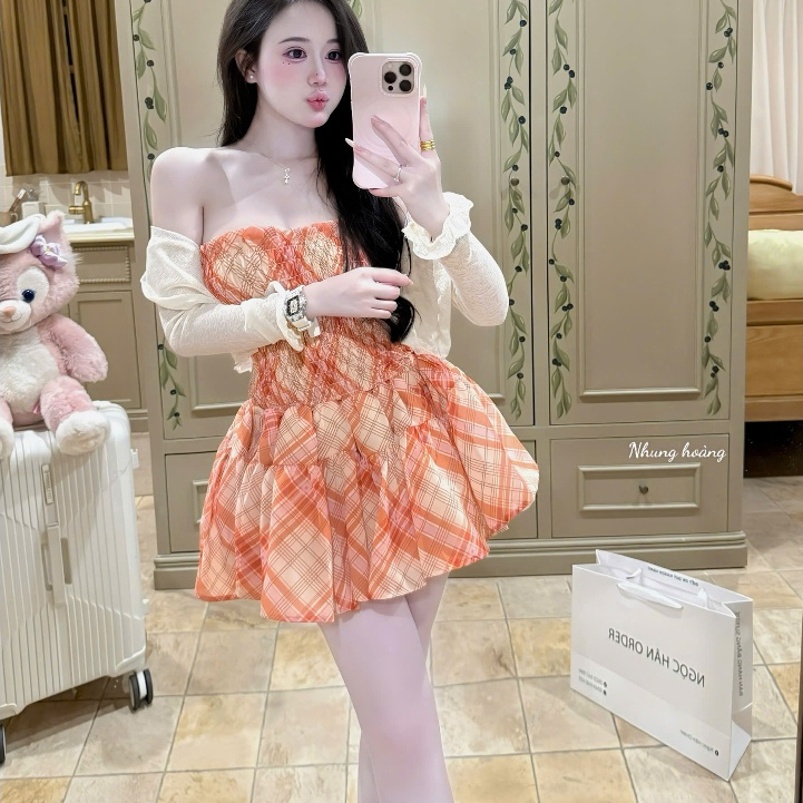 NH0409- SET ĐẦM HAI DÂY CAM MIX CHOÀNG DÀI TAY KEM DÁNG NGẮN