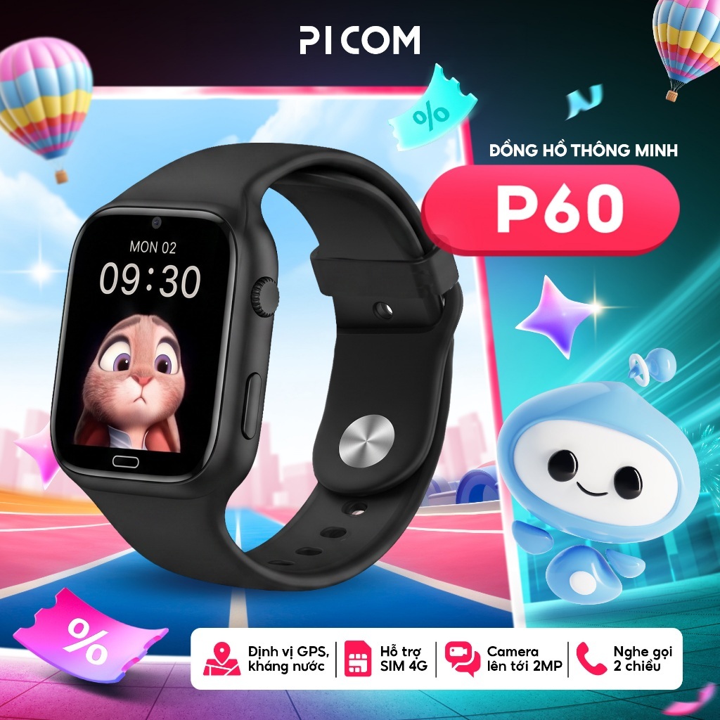 Đồng Hồ Thông Minh Picom P60 Lắp Sim 4G, Nghe Gọi 2 Chiều, Video Call, Camera 2MP, Định Vị GPS, SOS 
