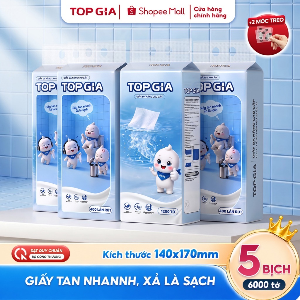 (DEAL MỞ BÁN) Giấy đa năng TopGia Melto 1200 tờ, mềm mịn, dễ tan nước, 400 lượt rút, thấm hút tốt