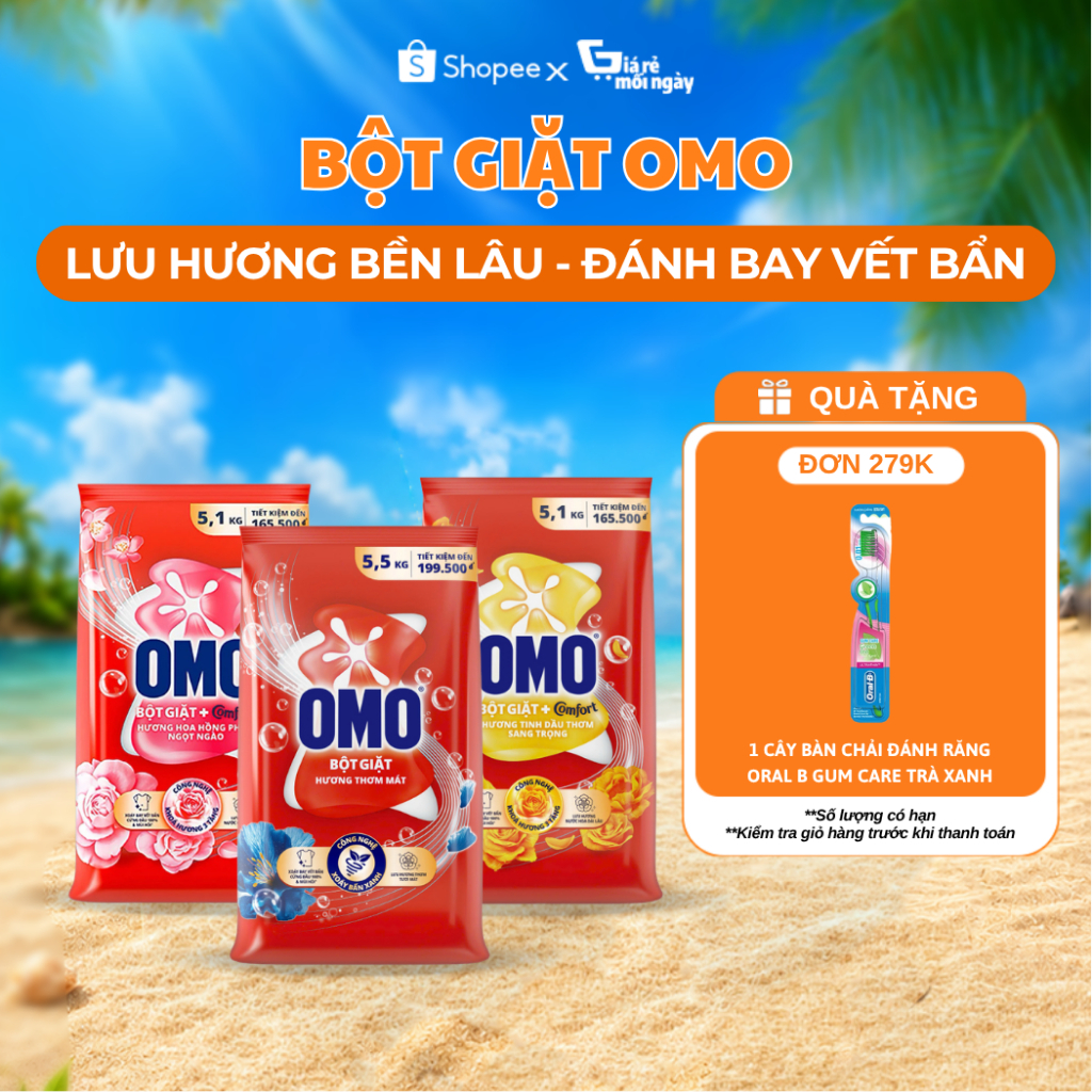 Bột Giặt OMO Comfort Tinh Dầu Thơm Sang Trọng/Thơm Mát/Hoa Hồng Pháp Gói 3.9kg/4.3kg/5.1kg
