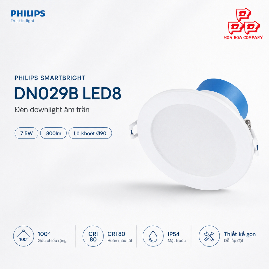 Đèn Downlight Philips SmartBright DN029B G2 LED8 7,5W 800lm – Lỗ khoét Ø90
