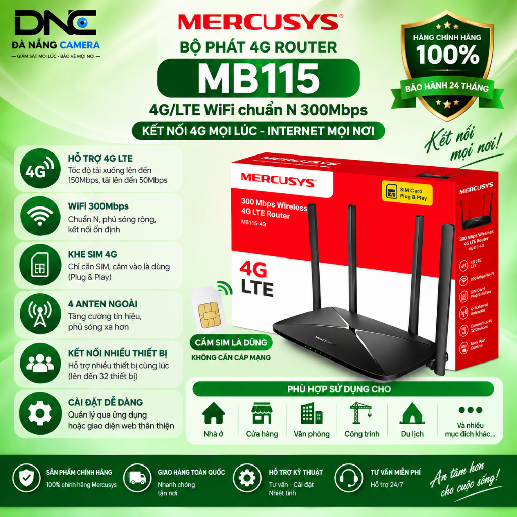 Bộ phát 4G Router 4G/LTE WiFi chuẩn N 300Mbps APTEK L300e Mercusys MB115