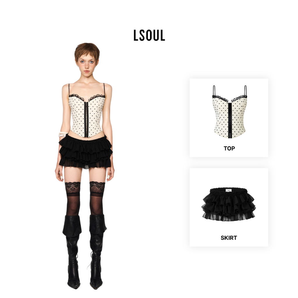 LSOUL Áo 2 Dây Corset Chấm Bi Phối Ren Jeana + Chân Váy Đen Xếp Tầng Birdy A24092779 CV23120671