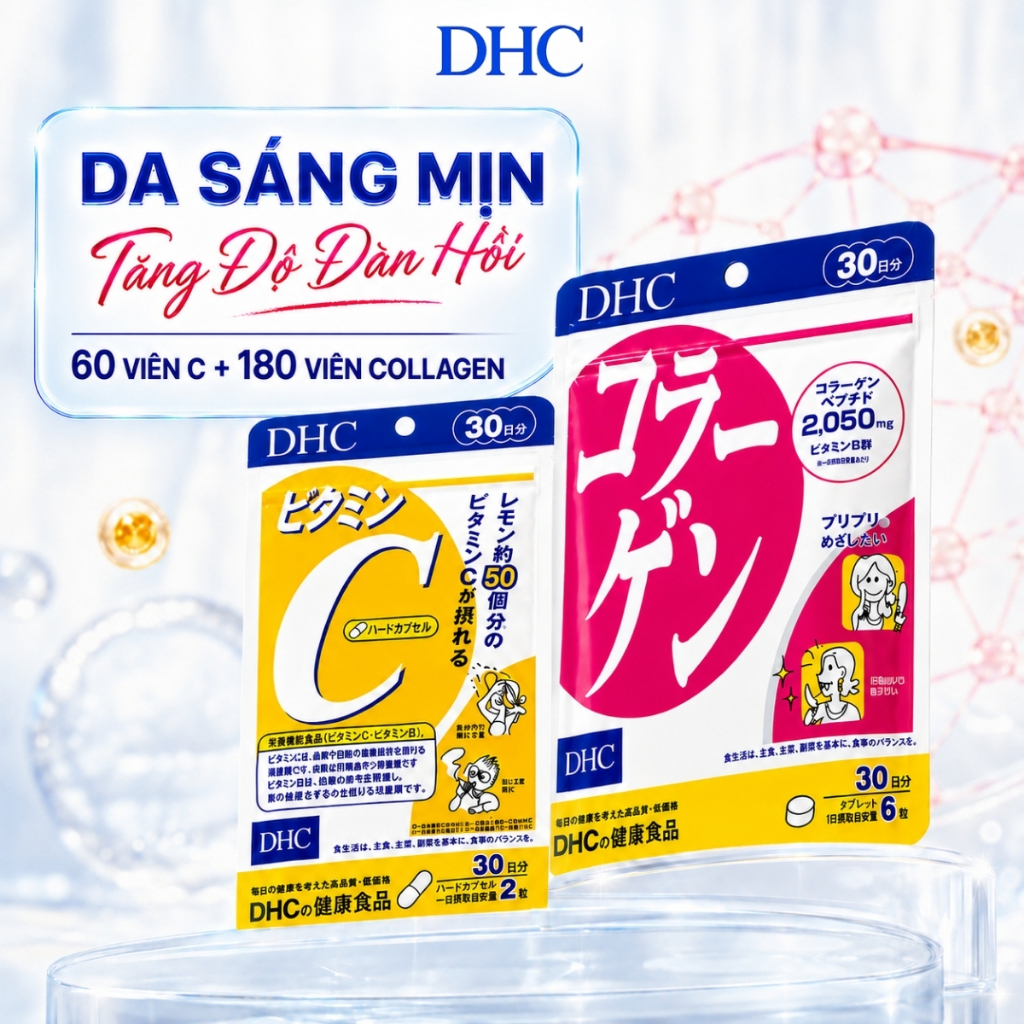 Combo DHC Vitamin C 60 Viên & DHC Collagen 180 Viên - Vitamin C Giúp Da Sáng Mịn