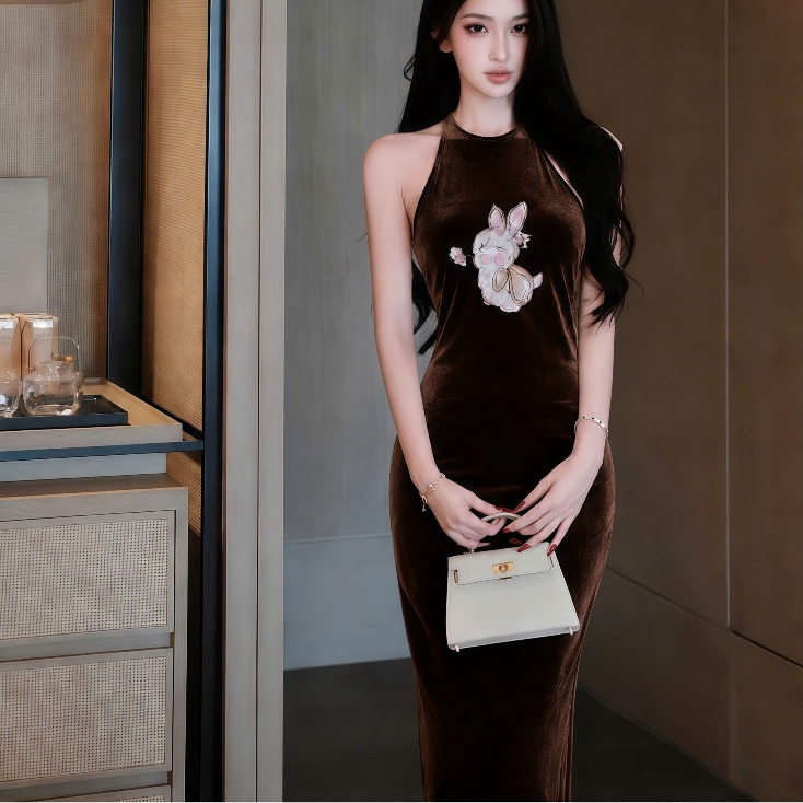 ( SIMI.STUDIO ) Váy Body Nhung Cổ Yếm Thêu Thỏ D502 Thun Nhung Hàn Basic Form Lơi Tôn Dáng